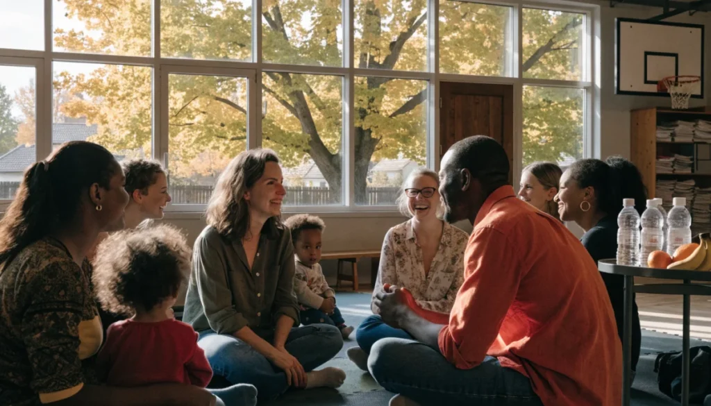 A group of parents and small children sitting together on the floor of a bright community hall, talking and laughing
