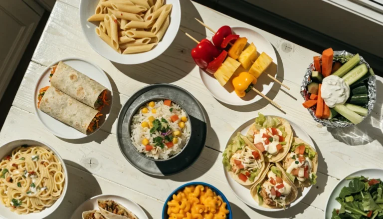 An overhead view of a table laid with family dinners: pasta, a wrap, fruit skewers, tacos, rice and vegetables with dip