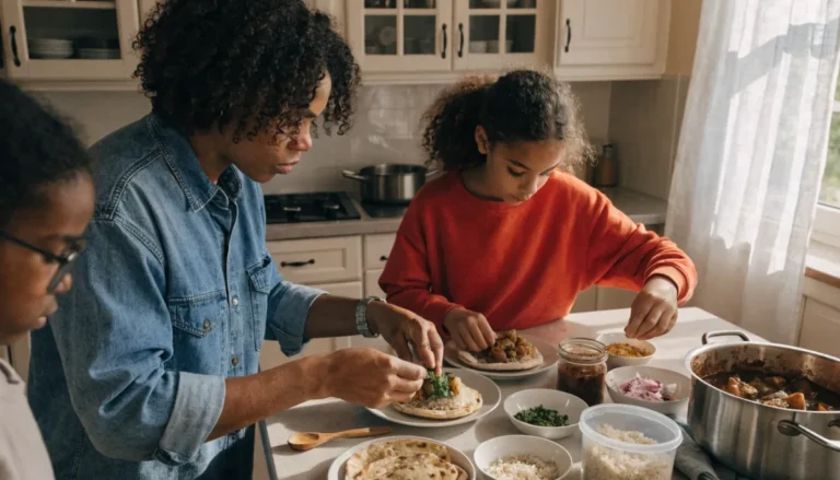 A parent and a teenage girl assembling tacos side by side at a kitchen counter, with bowls of toppings between them