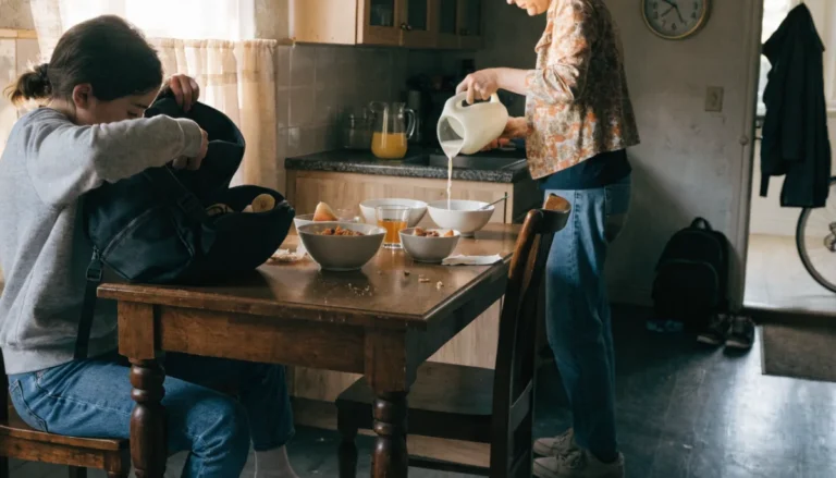 A busy weekday breakfast: one child packing a bag at the table while a parent pours juice in a sunlit kitchen