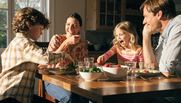 A family of four around a dinner table, laughing together over a shared bowl of salad and plates of food