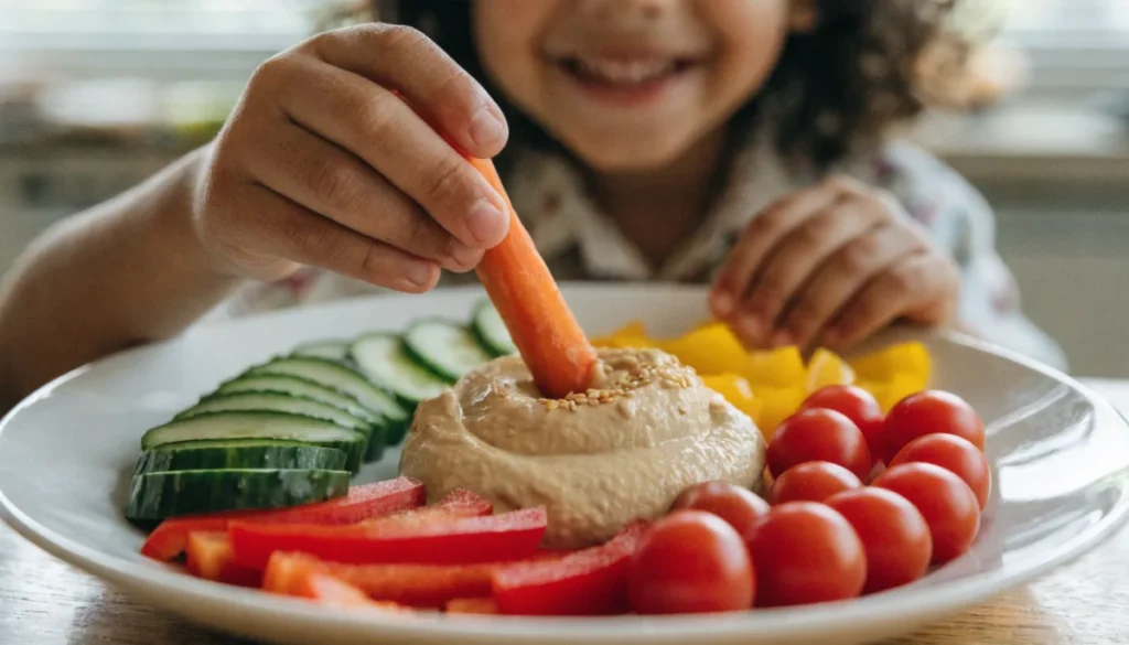 A smiling child dipping a carrot stick into a plate of hummus surrounded by cucumber, peppers and cherry tomatoes