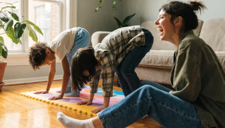 A woman and two young children doing a downward-dog stretch together on a colourful foam mat in a sunlit living room
