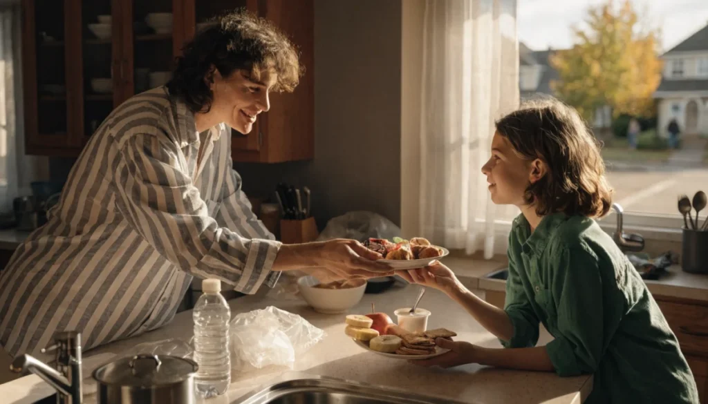 A parent handing a plate of crackers and fruit across a kitchen island to a child, both smiling