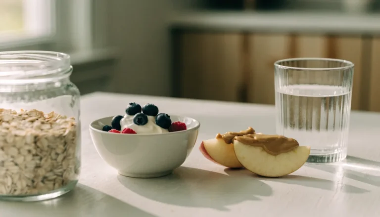 A breakfast of yogurt with berries, a jar of oats, apple slices with nut butter and a glass of water on a pale counter