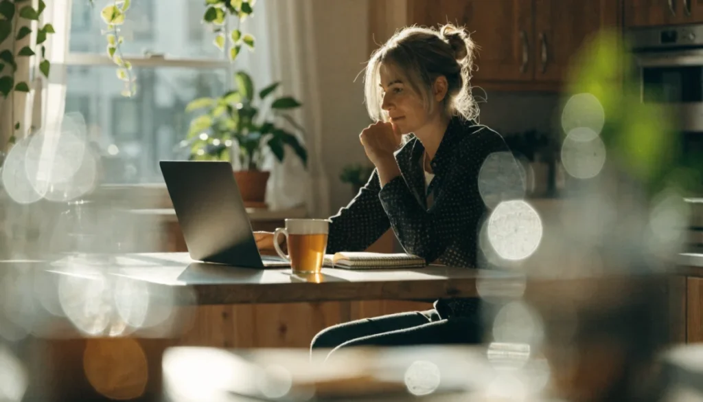 A woman sitting at a kitchen table with a laptop and a mug, thinking, with plants and daylight behind her