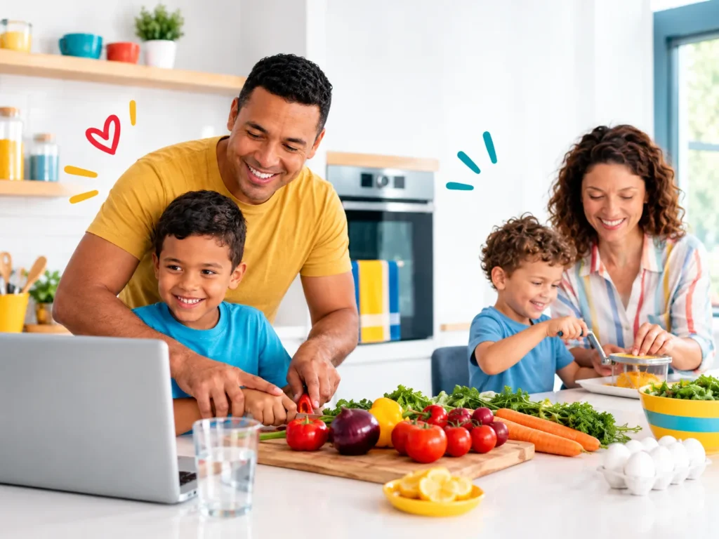 Two parents and two children preparing fresh vegetables together at a kitchen counter