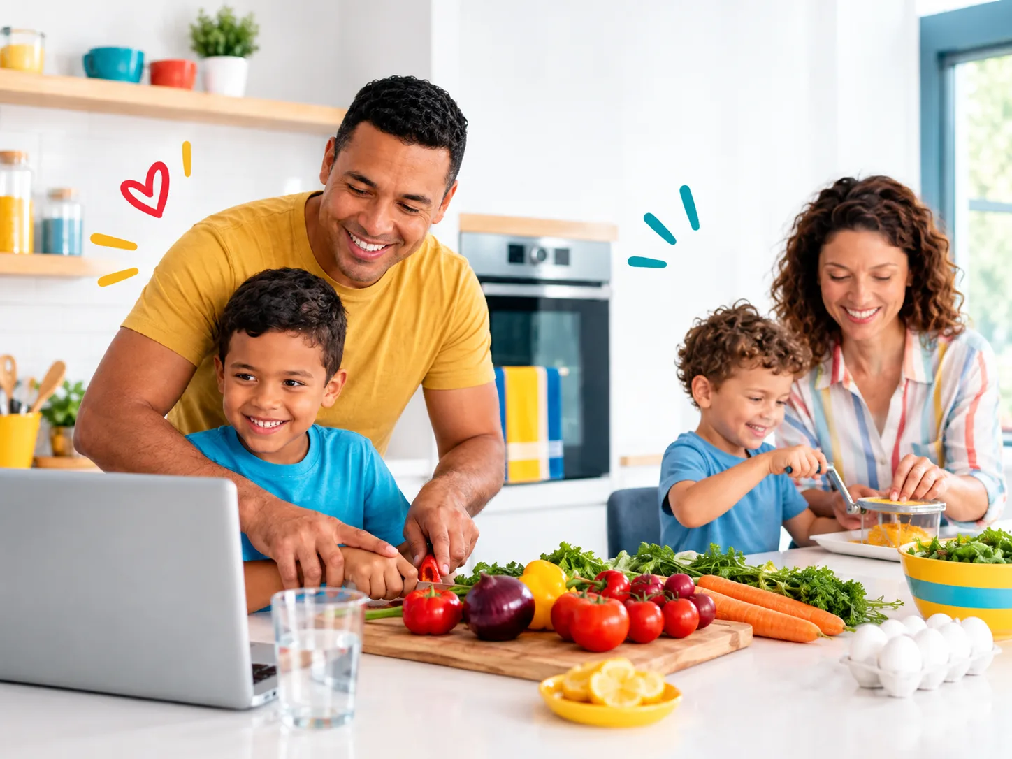 Two parents and two children preparing fresh vegetables together at a kitchen counter