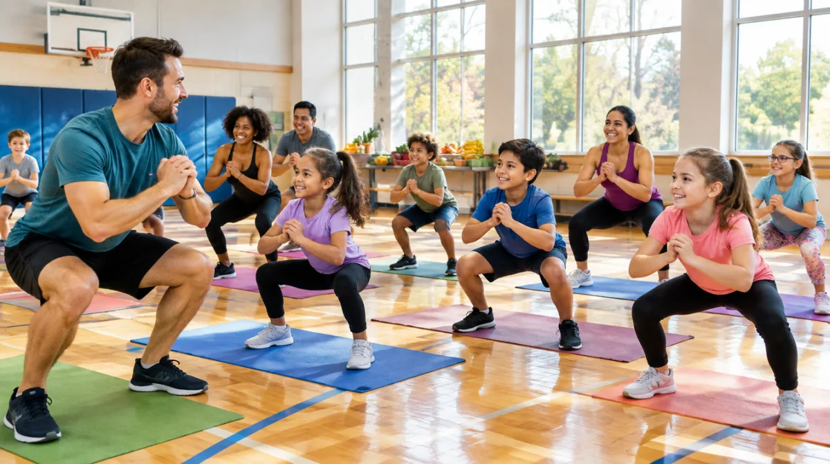 Families and children moving together at a Kidzy community fitness session