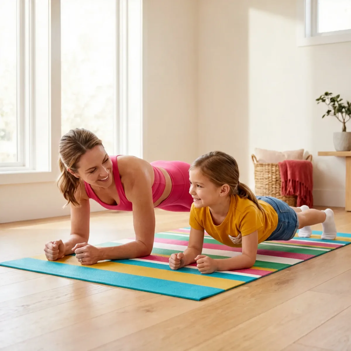 A mother and her daughter holding a plank together on a colourful mat at home