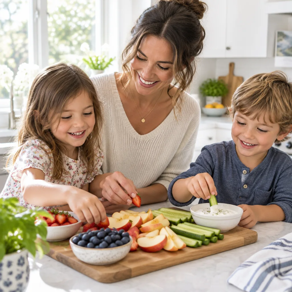 A mother and her two children preparing a colourful fruit and vegetable snack board together