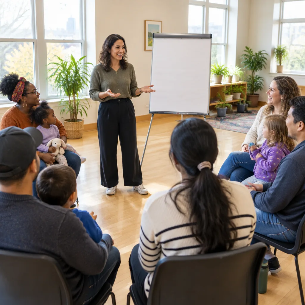 A Kidzy presenter leading a workshop for a small group of parents and children