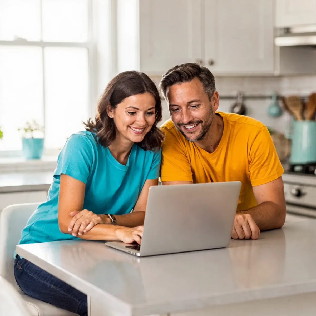 Two parents sitting together at a kitchen counter, looking at a laptop